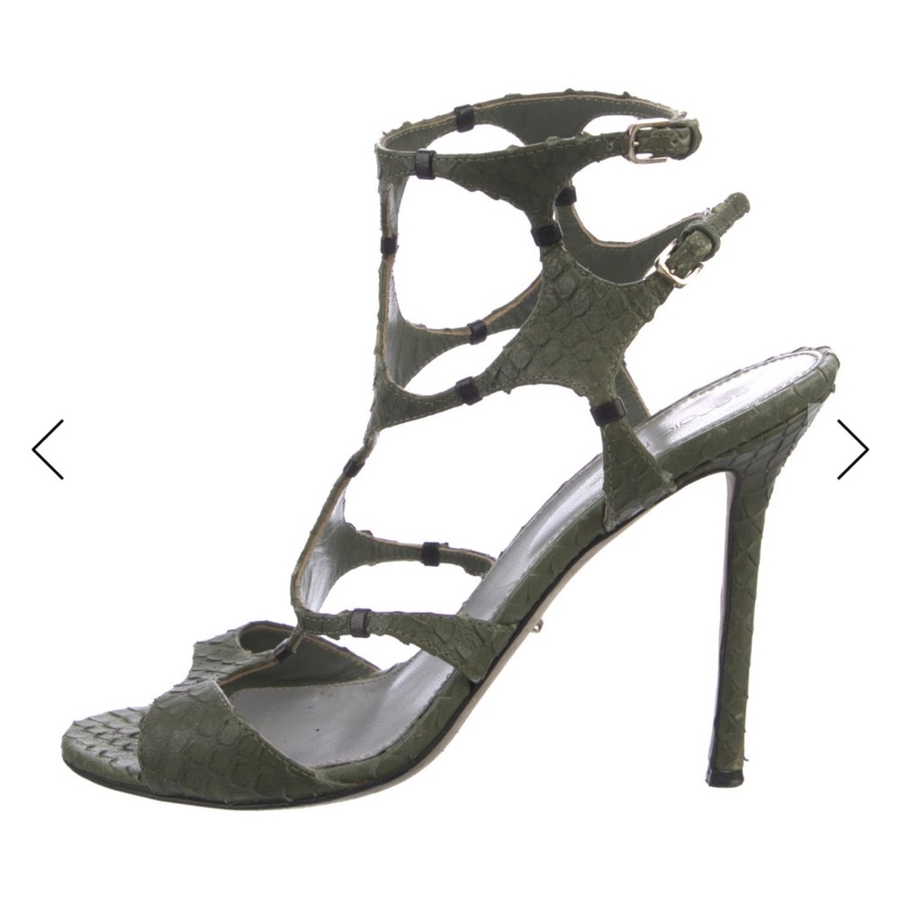 Gianvito Rossi Olive Green Textured Strappy High Heel Sandals